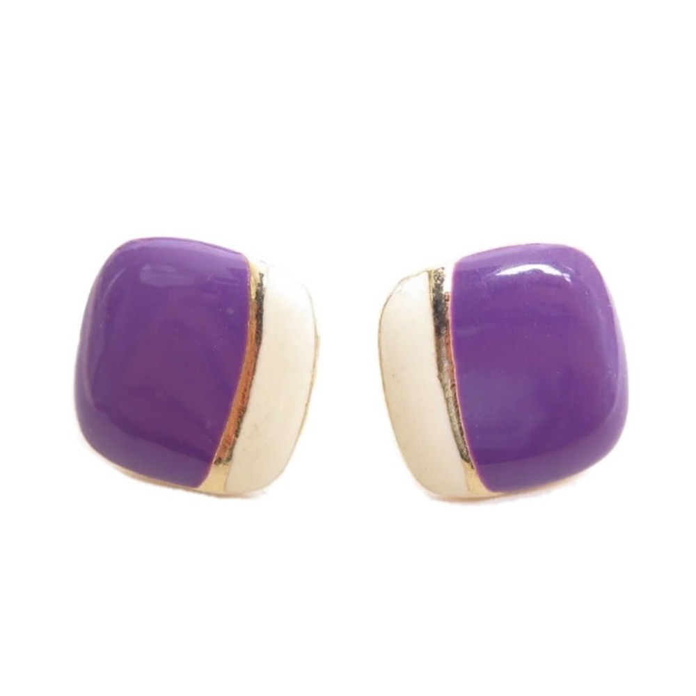 Vintage Purple & Cream Enamel Square Gold Plated Pierced Earrings